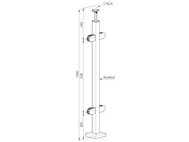 Edelstahl Geländerpfosten 40x40 Bauhöhe 1000mm Vierkantrohr mit Glashalter Vierkant Eckpfosten